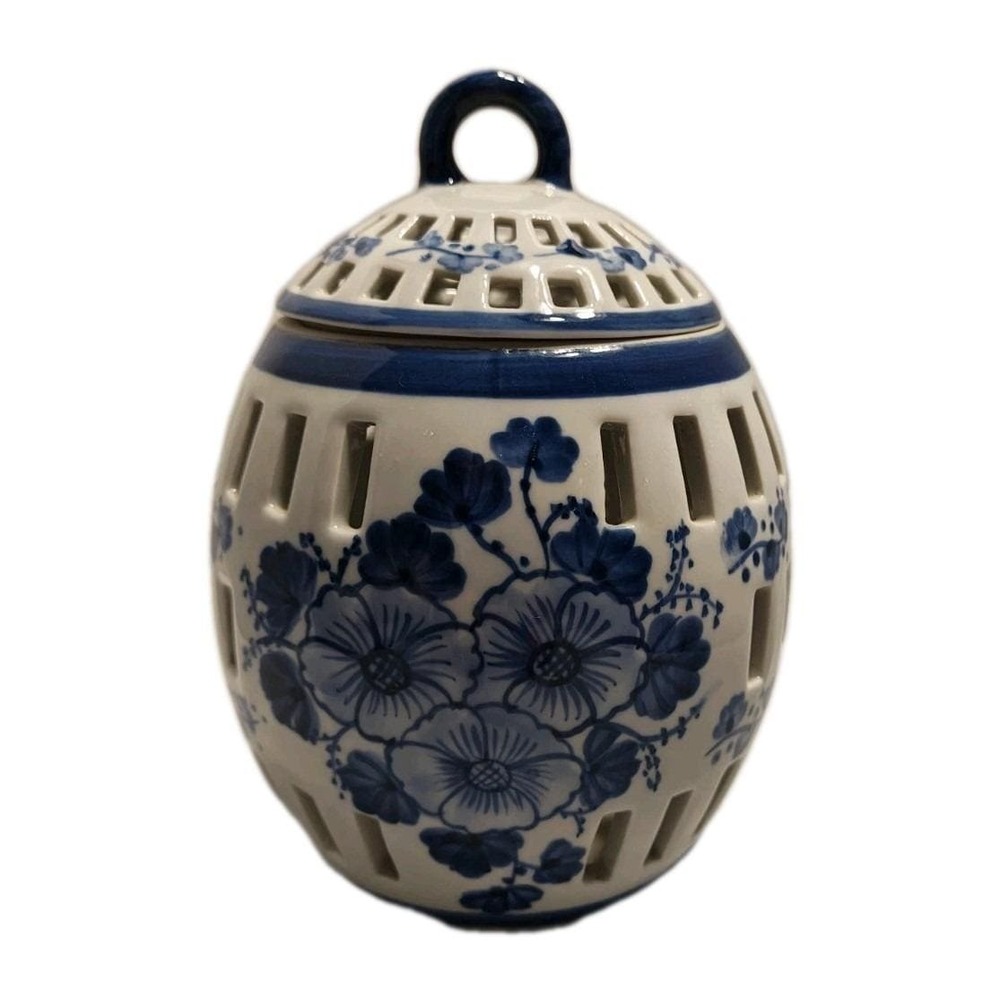 Blue White Ceramic Potpourri Ginger Jar Floral Lattice Cutout Made in Thailand